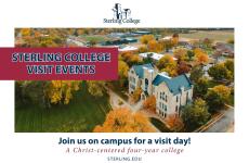 Sterling College Visit Events Promotion featuring an aerial view of campus with green grass and orange leaves on trees